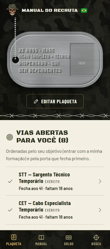 Tela do app: plaqueta de aço com o perfil e a lista de vias abertas