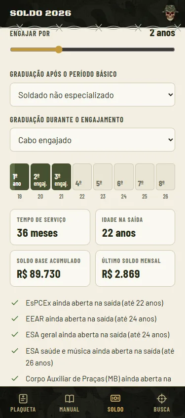 Tela do app: simulador de engajamento com idade de saída e soldo acumulado