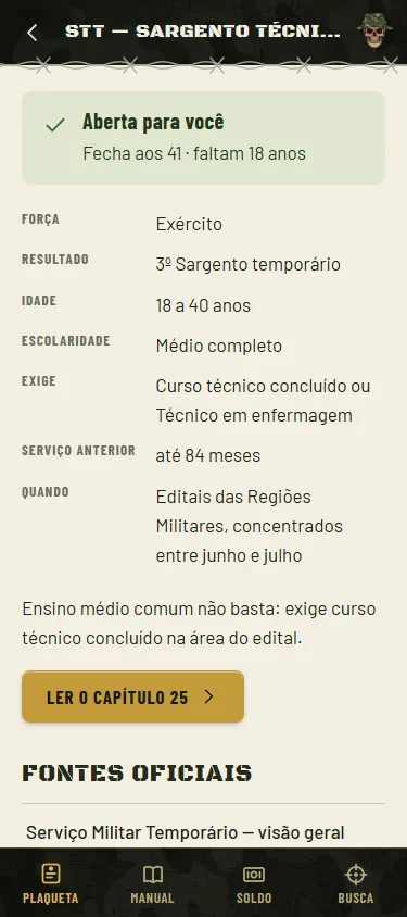 Tela do app: detalhe da via Sargento Técnico Temporário com requisitos e prazo